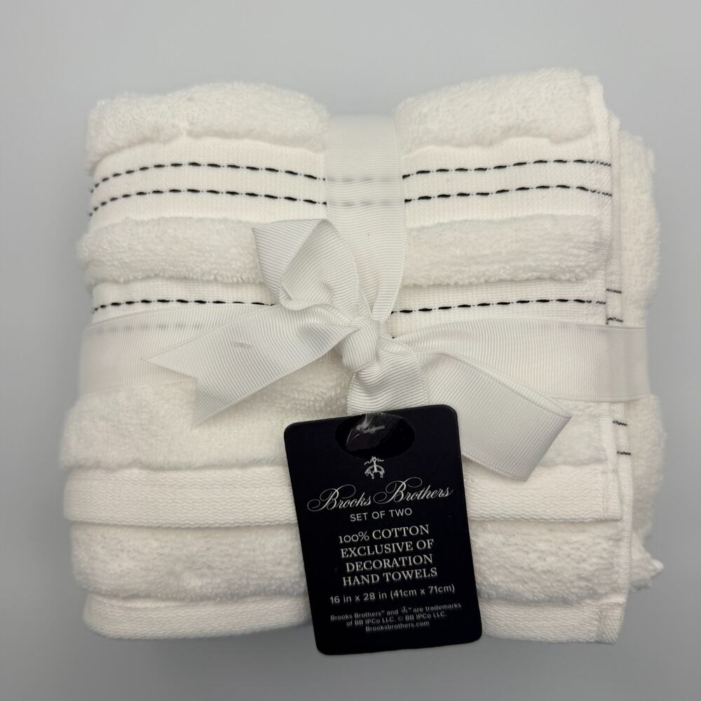 Brooks Brothers 100% Cotton Hand Towel Set 2 White Black Stitch 16x28" NWT